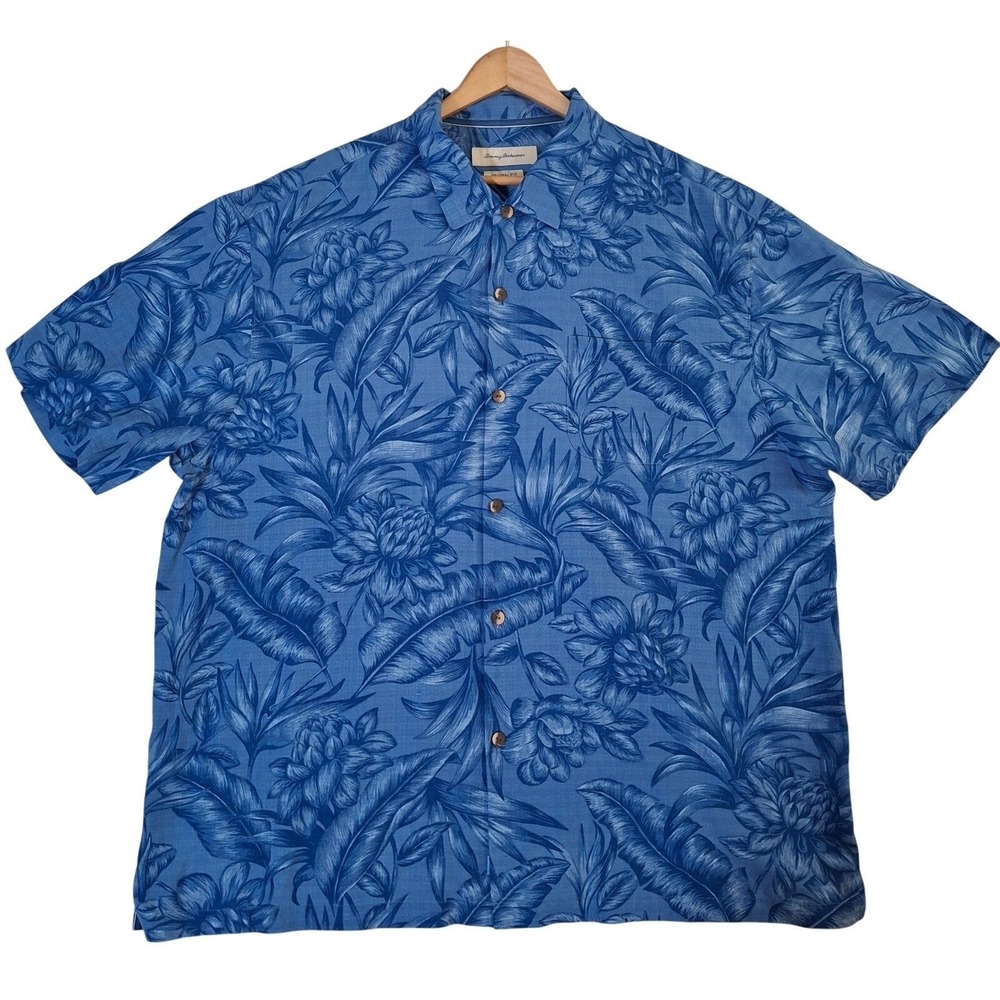 Tommy Bahama Hawaiian Shirt Men's 3XL Blue Silk Tropical Palm Camp Original Fit